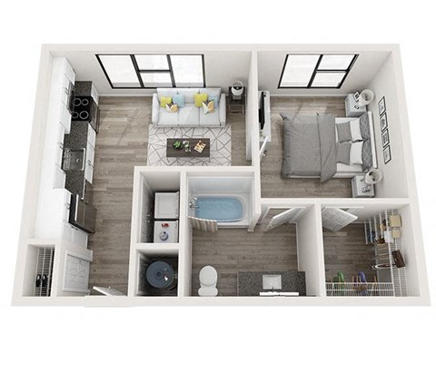 Floor plan for 1 bed, 1 bath, 584 sqft