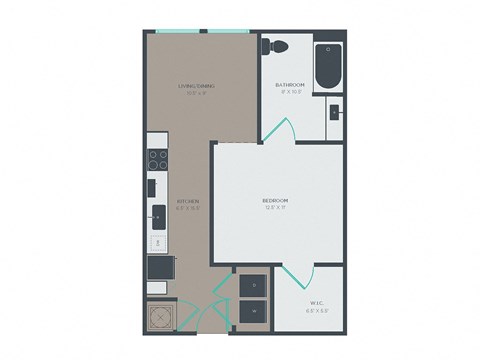 Floor plan for 1 bed, 1 bath, 608 sqft