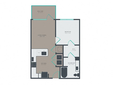 Floor plan for 1 bed, 1 bath, 653 sqft
