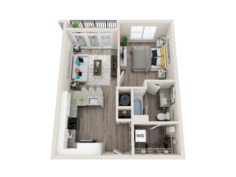 Floor plan for 1 bed, 1 bath, 653 sqft