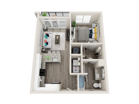 Floor plan for 1 bed, 1 bath, 653 sqft