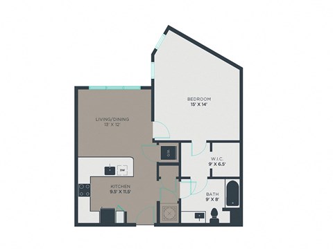 Floor plan for 1 bed, 1 bath, 822 sqft