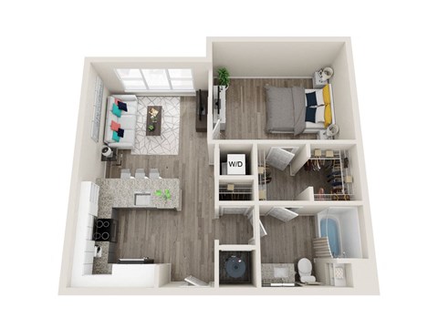 Floor plan for 1 bed, 1 bath, 762 sqft