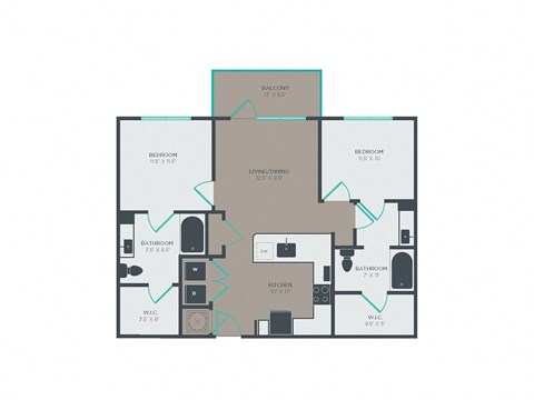 Floor plan for 2 beds, 2 baths, 1052 sqft