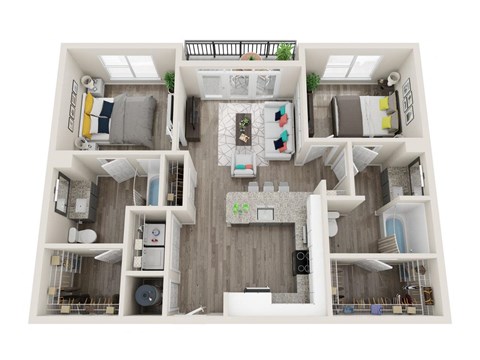 Floor plan for 2 beds, 2 baths, 1052 sqft