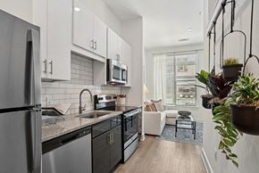 Charlotte apartment for rent - a kitchen with a sink and a refrigerator and a microwave