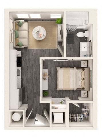 Floor plan for 1 bed, 1 bath, 496 sqft