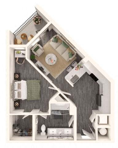 Floor plan for 1 bed, 1 bath, 640 sqft