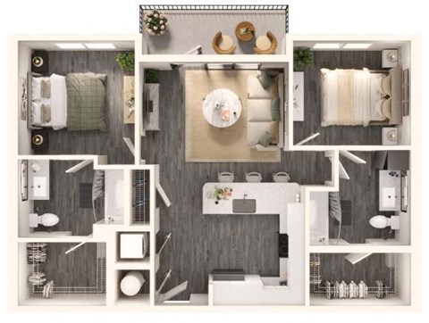 Floor plan for 2 beds, 2 baths, 952 sqft