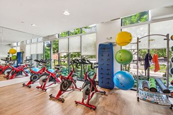 The gym has plenty of exercise equipment and floor to ceiling windows