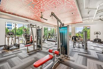 The gym is equipped with cardio machines and other gym equipment