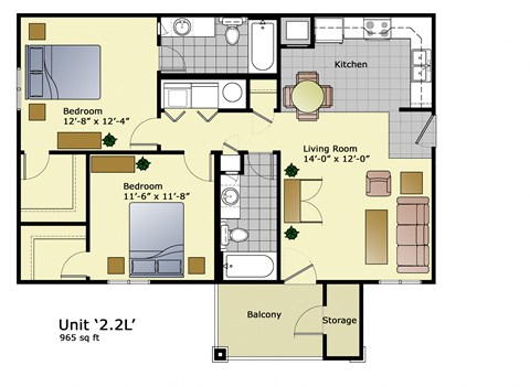 Floor plan for 2 beds, 2 baths, 965 sqft