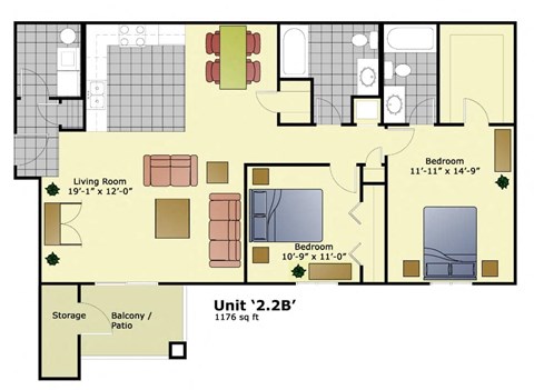 Floor plan for 2 beds, 2 baths, 1176 sqft