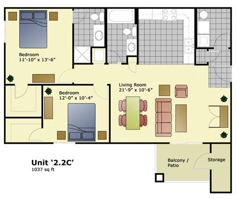 Floor plan for 2 beds, 2 baths, 1037 sqft