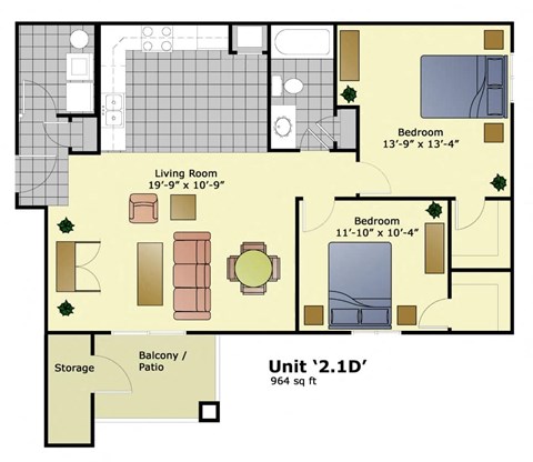 Floor plan for 2 beds, 1 bath, 964 sqft