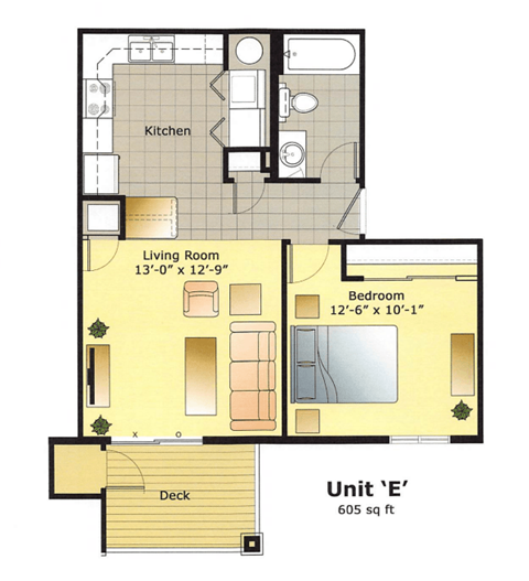 Floor plan for 1 bed, 1 bath, 605 sqft