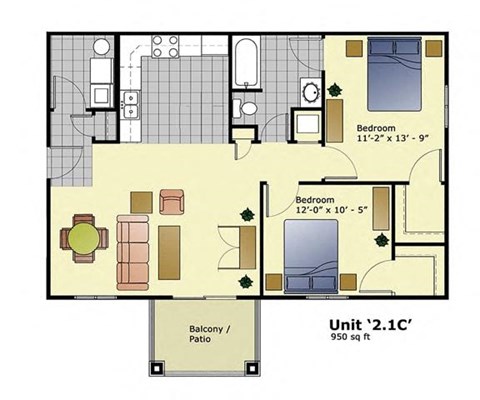 Floor plan for 2 beds, 1 bath, 950 sqft