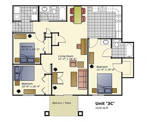 Floor plan for 3 beds, 2 baths, 1210 sqft