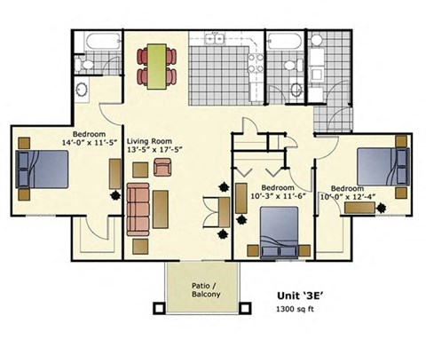Floor plan for 3 beds, 2 baths, 1300 sqft