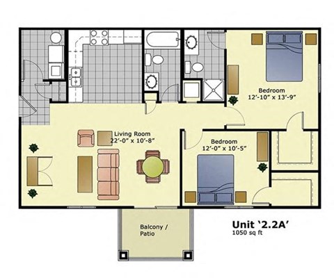 Floor plan for 2 beds, 2 baths, 1050 sqft