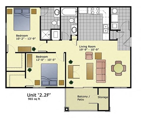 Floor plan for 2 beds, 2 baths, 965 sqft