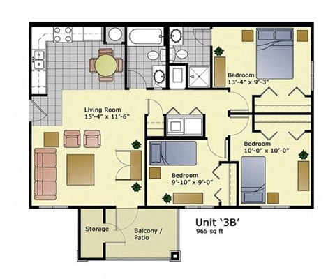 Floor plan for 3 beds, 2 baths, 965 sqft