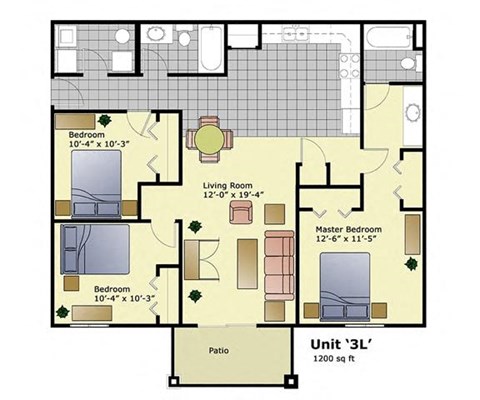 Floor plan for 3 beds, 2 baths, 1200 sqft