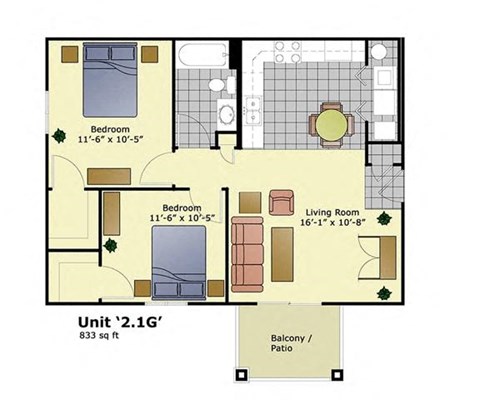 Floor plan for 2 beds, 1 bath, 833 sqft