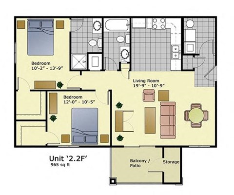 Floor plan for 2 beds, 2 baths, 965 sqft
