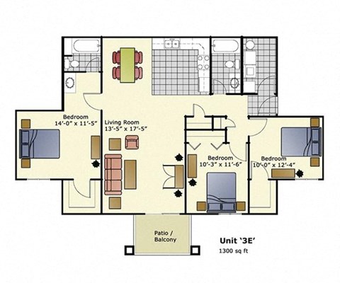 Floor plan for 3 beds, 2 baths, 1300 sqft