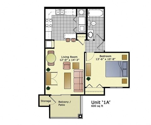 Floor plan for 1 bed, 1 bath, 600 sqft