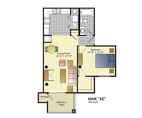 Floor plan for 1 bed, 1 bath, 675 sqft