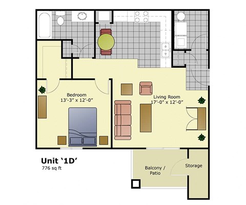 Floor plan for 1 bed, 1 bath, 776 sqft