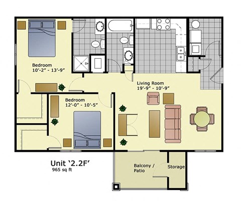 Floor plan for 2 beds, 2 baths, 965 sqft