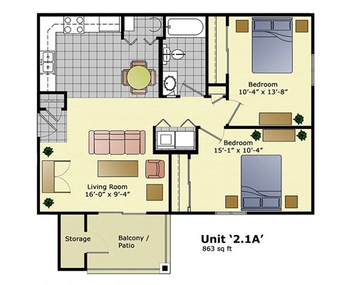 Floor plan for 2 beds, 1 bath, 863 sqft