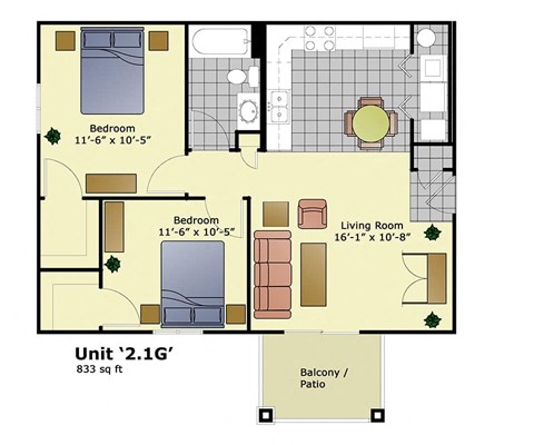 Floor plan for 2 beds, 1 bath, 833 sqft