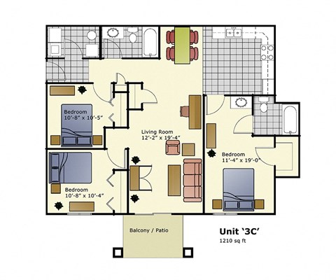 Floor plan for 3 beds, 2 baths, 965 sqft