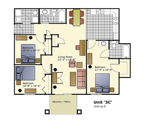 Floor plan for 3 beds, 2 baths, 1210 sqft