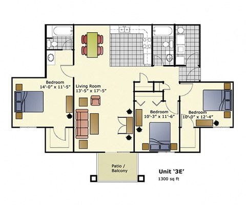 Floor plan for 3 beds, 2 baths, 1300 sqft