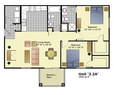 Floor plan for 2 beds, 2 baths, 1050 sqft