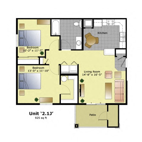 Floor plan for 2 beds, 1 bath, 925 sqft