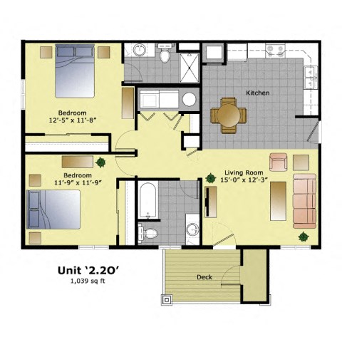 Floor plan for 2 beds, 2 baths, 1039 sqft