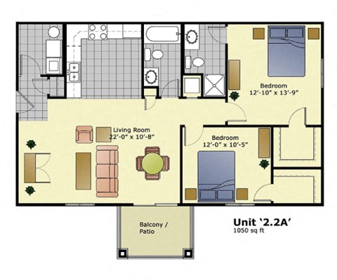 Floor plan for 2 beds, 2 baths, 1050 sqft