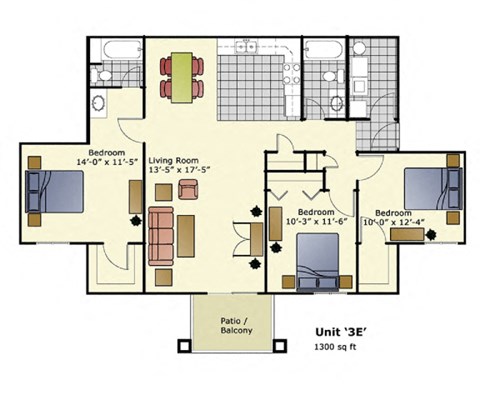 Floor plan for 3 beds, 2 baths, 1300 sqft