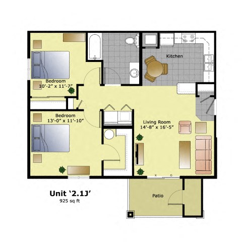 Floor plan for 2 beds, 1 bath, 925 sqft