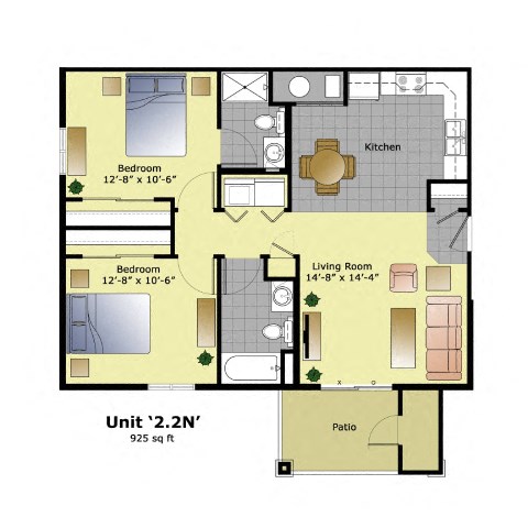 Floor plan for 2 beds, 2 baths, 925 sqft