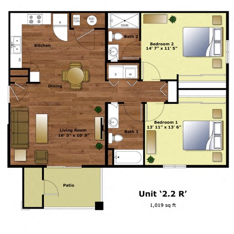 Floor plan for 2 beds, 2 baths, 1019 sqft