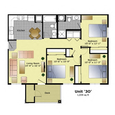 Floor plan for 3 beds, 2 baths, 1133 sqft