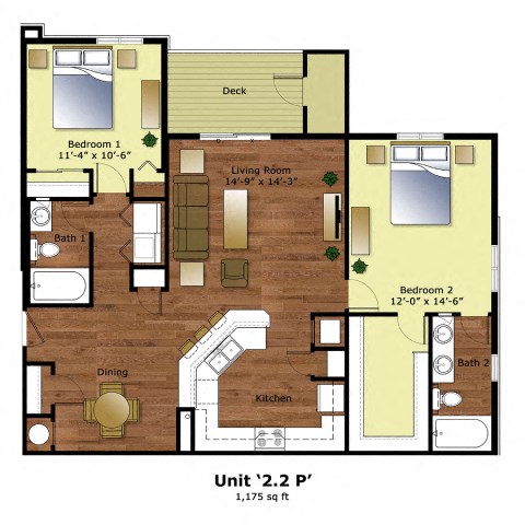Floor plan for 2 beds, 2 baths, 1175 sqft