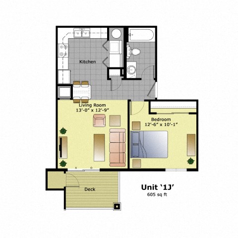 Floor plan for 1 bed, 1 bath, 600 sqft